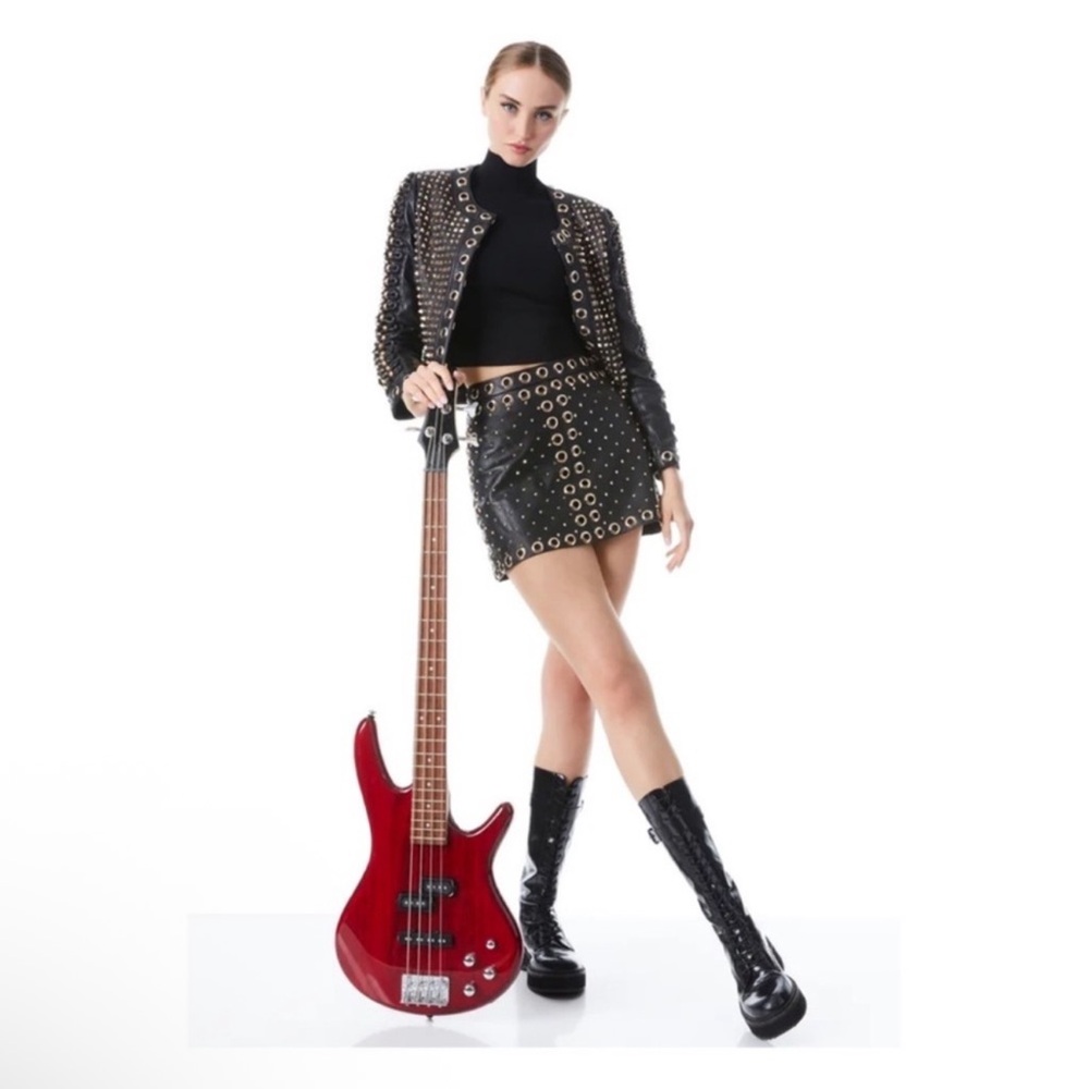 New! ALICE + OLIVIA Embellished Studded Leather Mini Skirt in Black - Picture 6 of 10